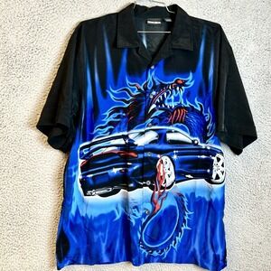 VTG ODO Shirt Mens XL Black Blue Dragon Car Graphic Flame Tribal Button Up 2000s